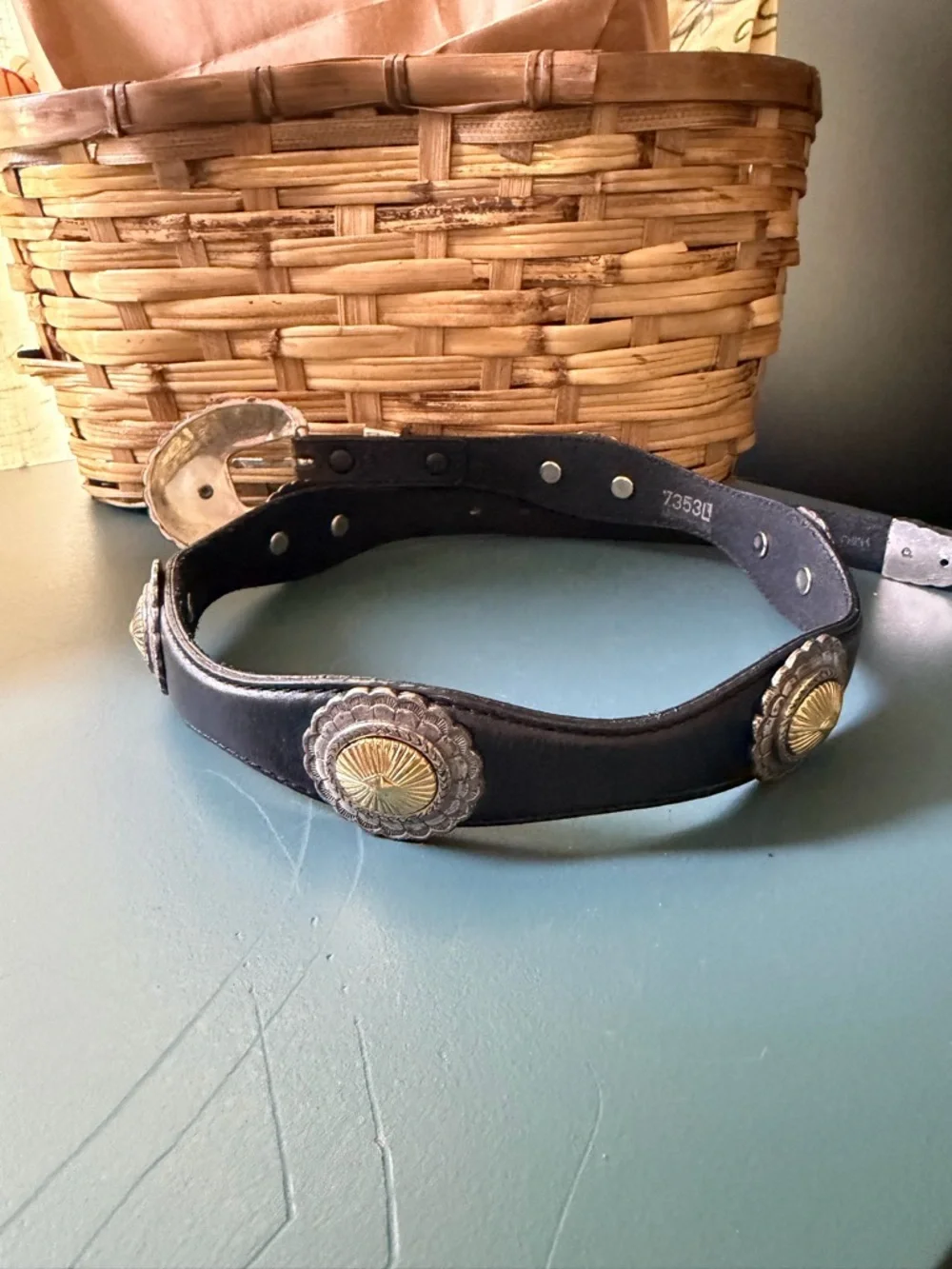 VTG 90s Tony Lama Black Leather Concho Belt - Scalloped Two Tone Buckle size 26 - Picture 2 of 5